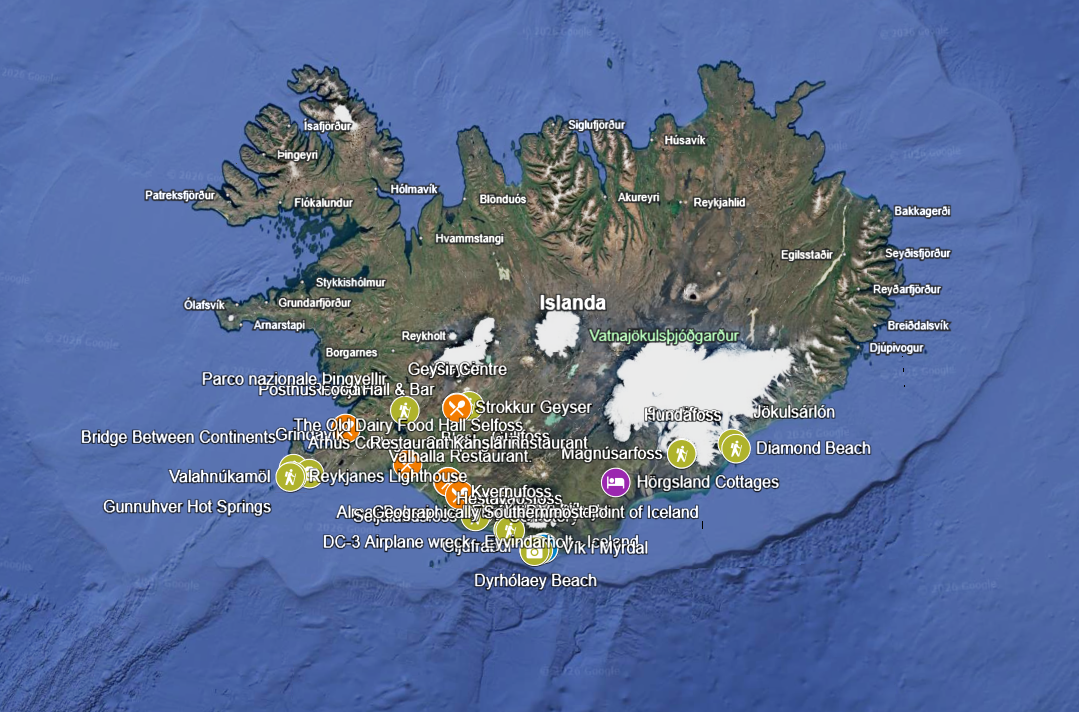Mappa del percorso in Islanda